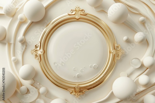 A gold frame with white balls surrounding it. The image has a luxurious and elegant feel to it