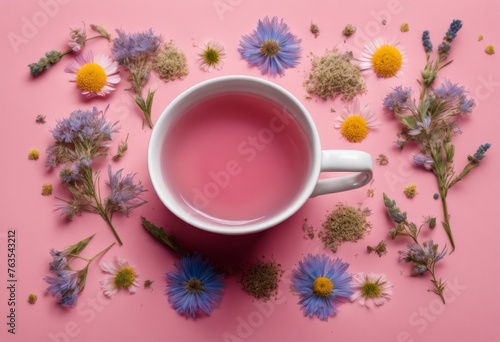 Hot matcha tea in a glass on a pink background among wildflowers
