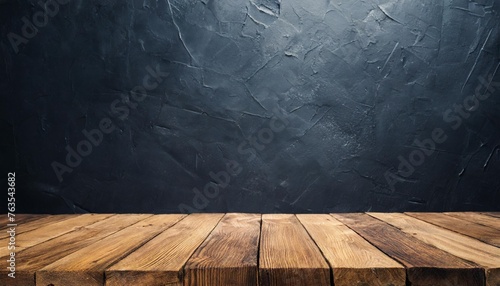 empty wooden oak tabletop with dark black cement stone background for product displayed in rustic mood and tone luxury background for product stand with empty copy space for party promotion