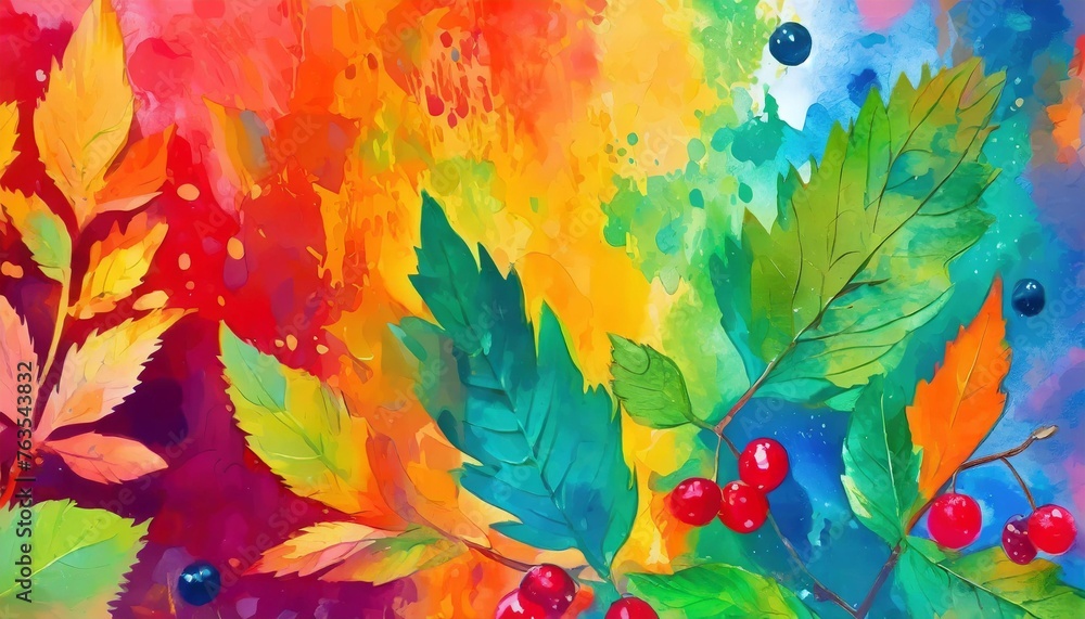 a close up of a painting of leaves and berries on a red yellow green blue and orange background with leaves and berries on the bottom right side of the image