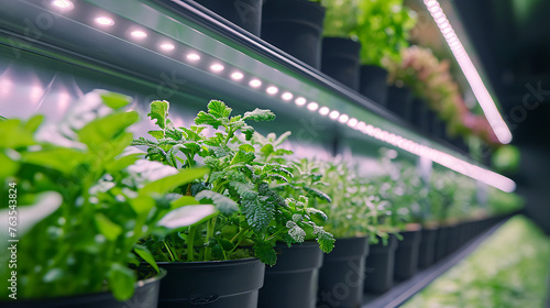 Plants growing under neon led lights on their own futuristic concept of indoor farming without sunlight. Plants pots displayed in a vertical line under led lights. ai generative 