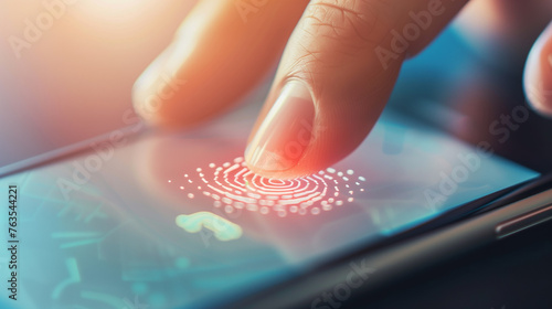 A person uses the fingerprint scanner on a smartphone to authenticate or make a payment. photo