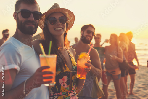Happy young couple having fun and enjoying beach party at summer