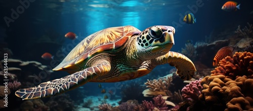 portait turtle with group of colorful fish and colorful coral underwater in ocean photo