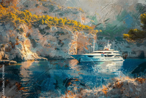 An abstract background featuring a luxury yacht anchored in a secluded bay