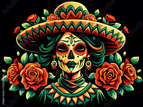 Mexican woman Mexico festive for festival dia de los muertos. sugar skull. Colorful vector illustration of la catrina with sombrero and roses, symbolizing mexican day of the dead
