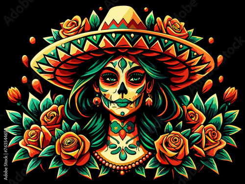 Mexican woman Mexico festive for festival dia de los muertos. sugar skull. Colorful vector illustration of la catrina with sombrero and roses, symbolizing mexican day of the dead