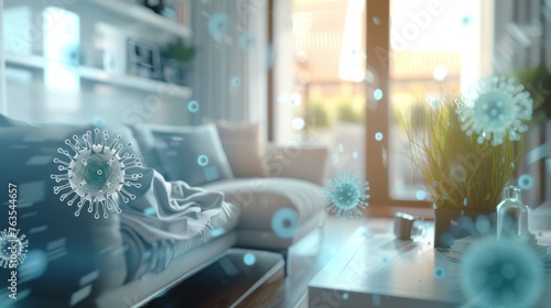 A 3D illustration showing the effect of cleaning on a blurry living room, with a protective shield against germs and viruses, emphasizing hygiene and health photo