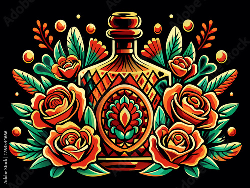 Mexican tequila bottle, roses for Mexico for festival Cinco de mayo, Dia de los muertos. Retro old school tequila for chicano tattoo. Intricately designed featuring perfume bottle amid vibrant roses