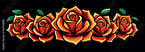 Mexico mexican roses for festival Cinco de mayo. Retro old school roses for chicano tattoo. Artistic illustration of fiery orange and red roses with stylized leaves against