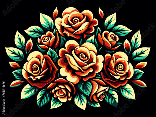 Mexico mexican roses for festival Cinco de mayo. Retro old school roses for chicano tattoo. Vivid vector illustration of a classic rose bouquet with lush leaves on a black background