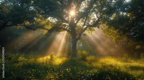 Sun Shining Through Trees in Forest