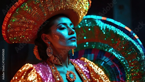 A beautiful Mexican girl in a sombrero dances. Celebrating Cinco de Mayo. AI generation