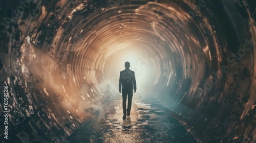 A businessman emerges from a dark tunnel into the light, signifying perseverance, breakthrough, and the journey towards success despite challenges