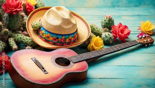 Cinco de Mayo, background with holiday attributes, sombrero, guitar, cacti. AI generation