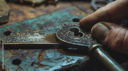 A close-up of a duplicate key being sanded by a locksmith to smooth out burrs, representing precision and refinement in craftsmanship photo