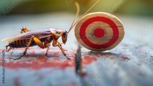 A concept of pest control, with a gun target aimed at a cockroach, representing the elimination of pests and maintaining a clean environment