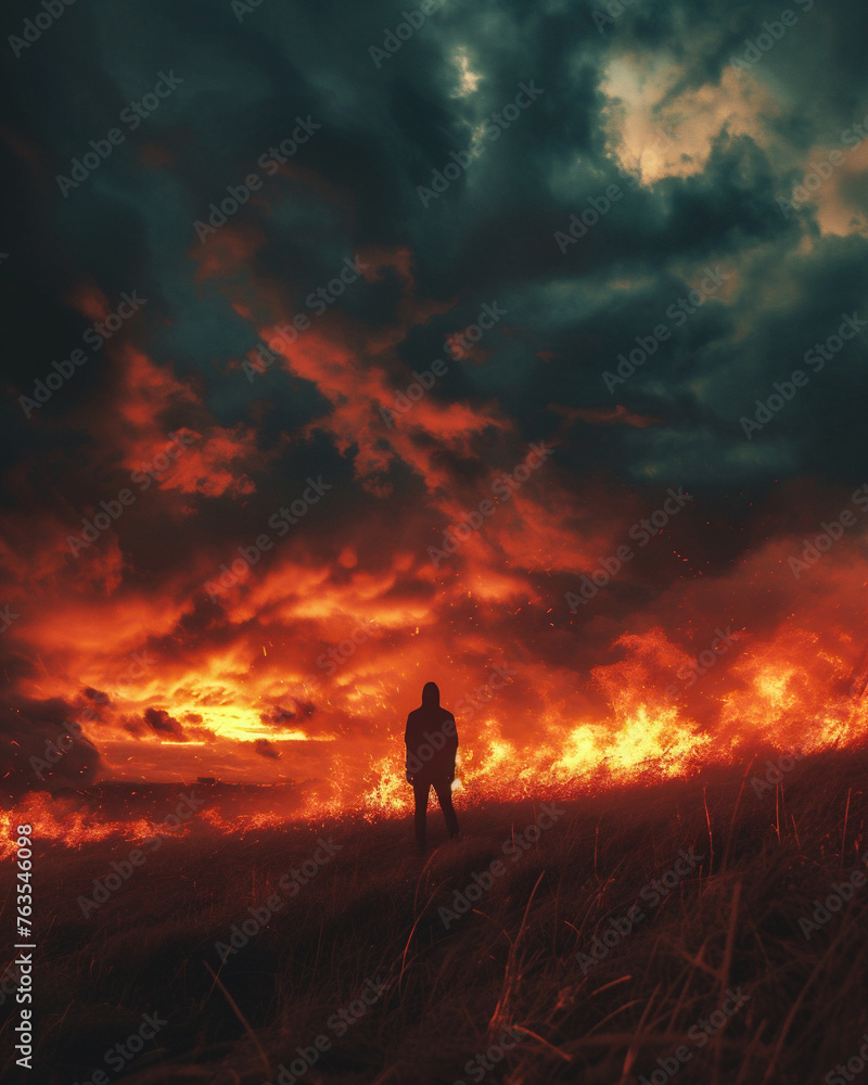 Fototapeta premium A man in a field with a burning bonfire at sunset