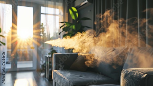 A depiction of an air freshener being sprayed, set against a home interior background, illustrating the concept of refreshing and cleansing the environment