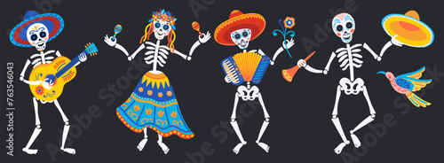 The day of the Dead. Mariachi skeleton band with musical instruments and lettering.Vector Set on black background