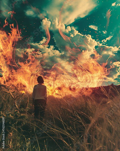 A man in a field with a burning bonfire at sunset