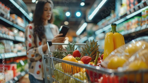 A woman is shopping in a grocery store and is looking at her phone