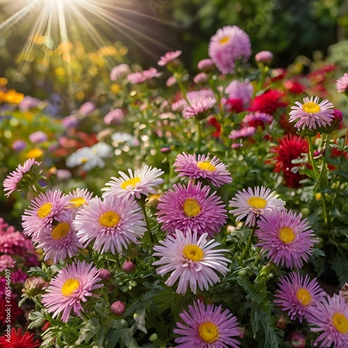 Beautiful Flower Garden with Blooming Asters and Diverse Flora