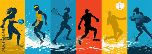 Panoramic collage with sports concept. Soccer, tennis, basketball, surfing, athletics... Sports in general