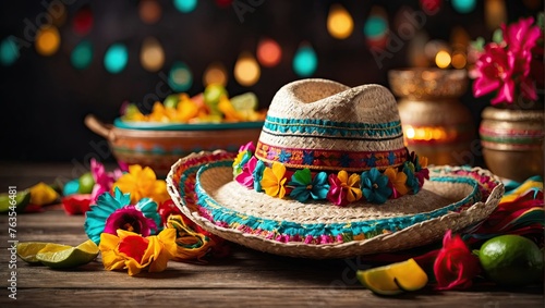 Cinco de Mayo, background with holiday attributes, sombrero, guitar, cacti. AI generation © dasha122007