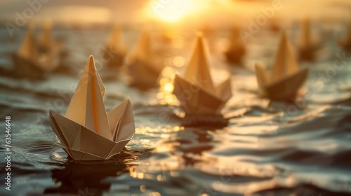 A fleet of paper ships aligned in unison with one taking a divergent path, representing the courage to adopt innovative solutions and the impact of unique business ideas photo