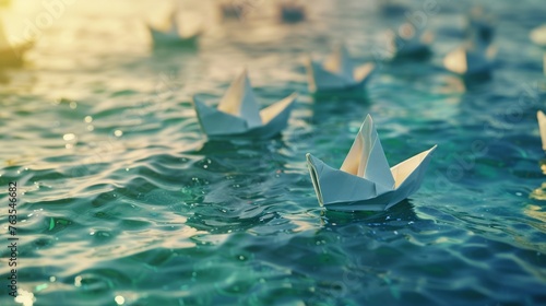 A fleet of paper ships aligned in unison with one taking a divergent path, representing the courage to adopt innovative solutions and the impact of unique business ideas © Orxan
