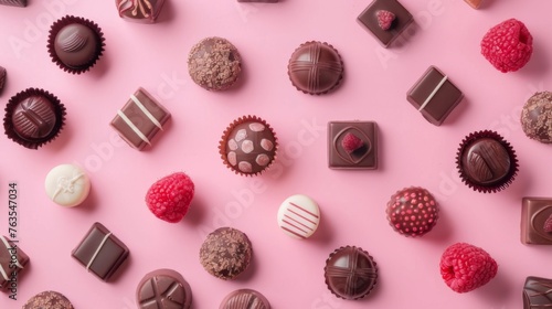 Variety of exquisite chocolate treats, featuring white, dark, and milk chocolate, set against a pink backdrop. Overhead shot view captures the assortment of chocolates in a flat lay photograph. © Vladimir