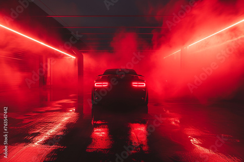 A bold and edgy combination of scarlet red and jet black smoke, creating a striking gradient in a 3D garage with dramatic lighting