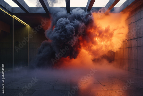 A dramatic cascade of jet black and fiery orange smoke, evoking a sense of mystery and energy in a gradient, showcased in a 3D-rendered garage