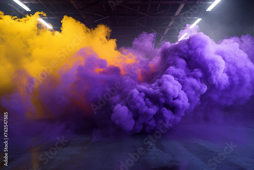 A dramatic gradient of deep purple and bright yellow smoke, creating an eye-catching effect in a 3D garage with spotlit background