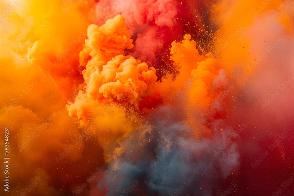 A dynamic display of smoke exploding in a spectrum of autumn colors, creating an aerosol-like effect in a visually striking composition