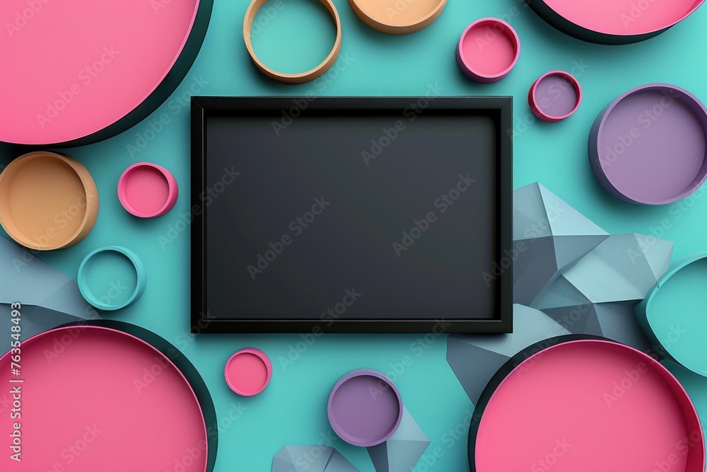 A black frame sits on a colorful background. The frame is surrounded by a variety of colorful circles, some of which are pink, purple, and blue A black frame sits on a colorful background. The frame is surrounded by a variety of colorful circles, some of which are pink, purple, and blue