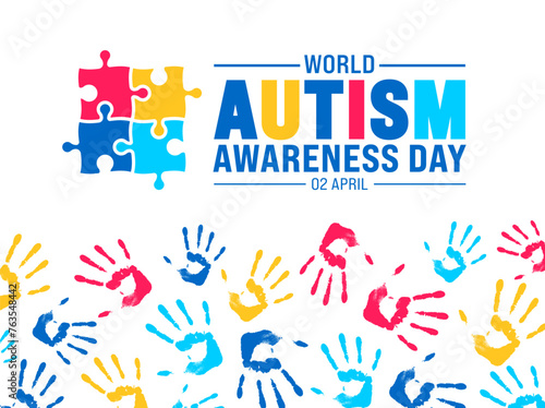 2 April world Autism Awareness Day colorful Puzzle banner design template. Autism Awareness Day colorful kids raising hand background design template.