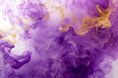 A magical and otherworldly fusion of glittering gold and mystical purple smoke, creating a fantastical ambiance over white