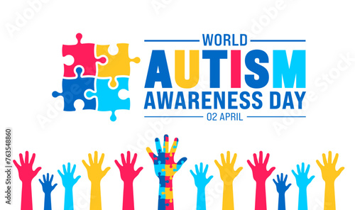 2 April world Autism Awareness Day colorful Puzzle banner design template. Autism Awareness Day colorful kids raising hand background design template.