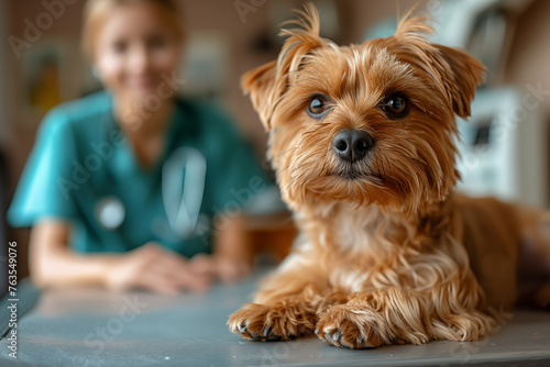 A cute dog on wood table in a veterinary clinic with the vet at your side
