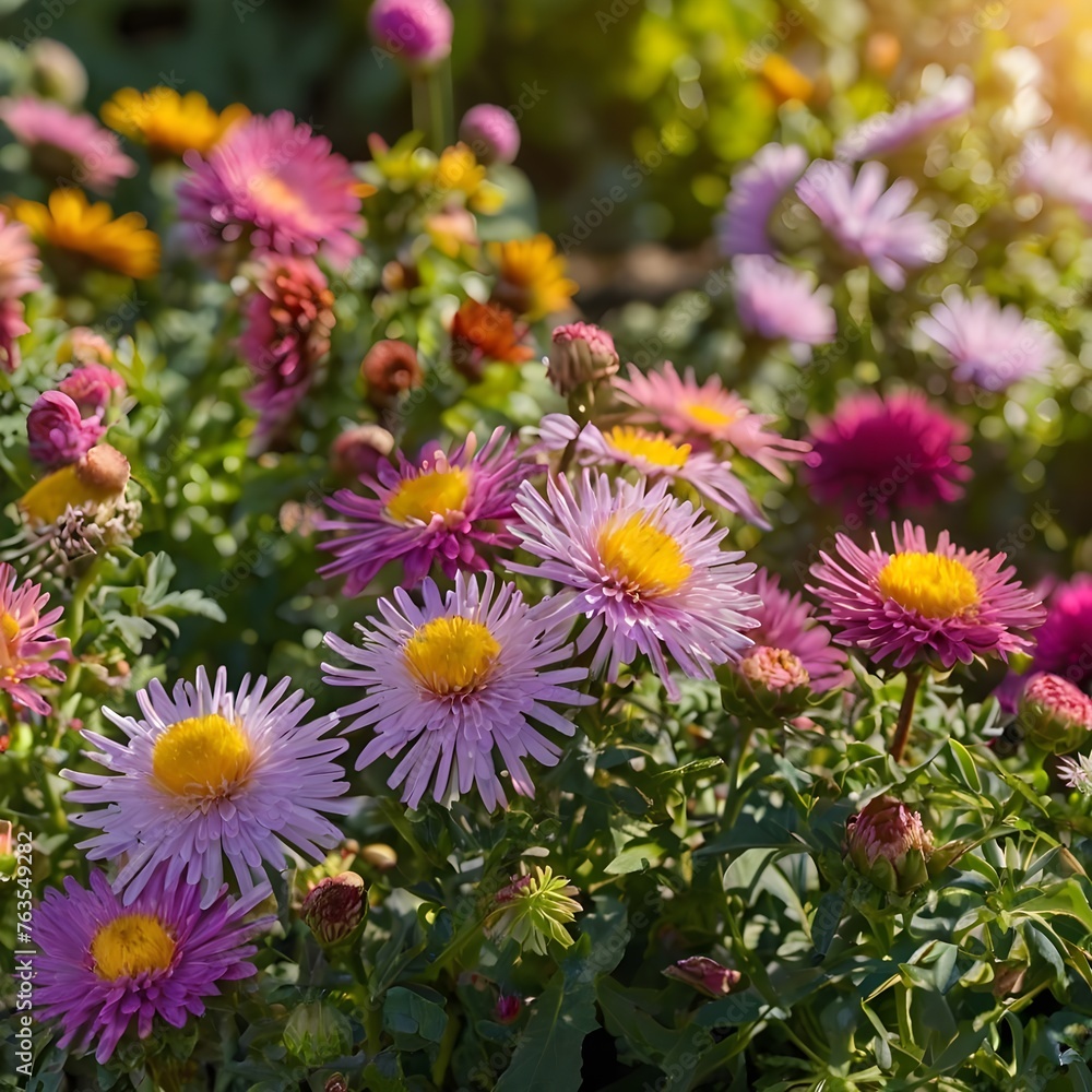 Beautiful Flower Garden with Blooming Asters and Diverse Flora Beautiful Flower Garden with Blooming Asters and Diverse Flora