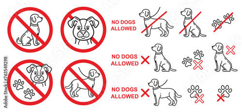 No dog animal allowed, prohibition sign, pet entry forbidden, danger, restricted for canine line icon set. Not walking doggy in public park zone. Paw print. Labrador puppy. Warning stop symbol. Vector