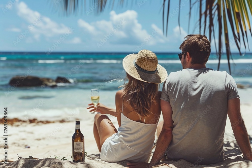 couple on the beach, Couple sitting under palm tree looking at tropical beach. Summer vacation and romance concept for design and print