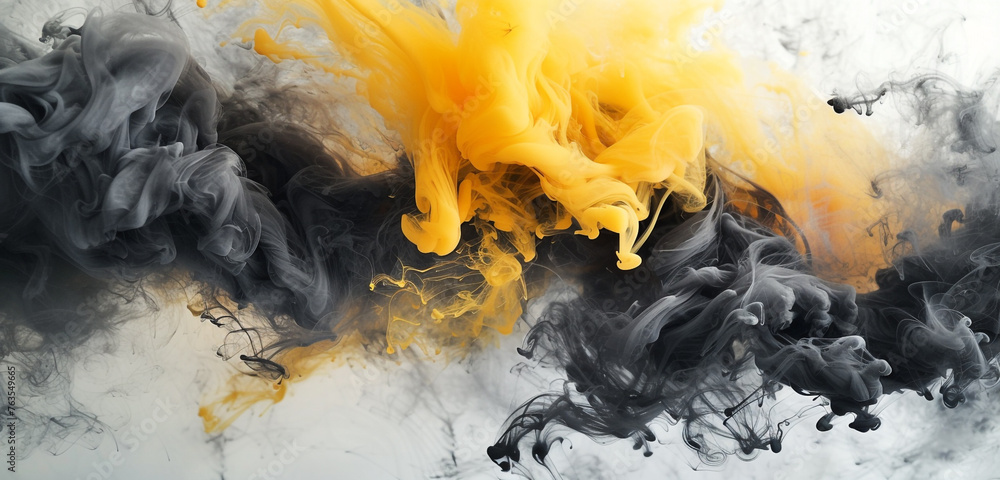 A striking splash of sunflower yellow and charcoal gray smoke, representing contrast and balance over white - obrazy, fototapety, plakaty 