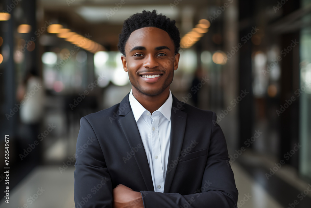 Smiling black businessman in suit. Man in work clothes. Rich man. Business boss. Boss of a start-up. Black man. Africa man. African country.AI. - obrazy, fototapety, plakaty 