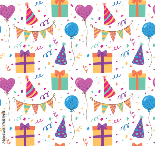 Fototapeta Naklejka Na Ścianę i Meble -  Fun colorful seamless pattern with gift boxes, party decoration, balloons and festive hats. Vector birthday background in flat style