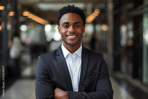 Smiling black businessman in suit. Man in work clothes. Rich man. Business boss. Boss of a start-up. Black man. Africa man. African country.AI. photo