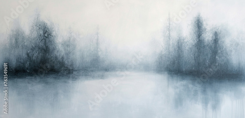 A subtle blend of icy blue and soft gray smoke over a white canvas, capturing the essence of a winter morning