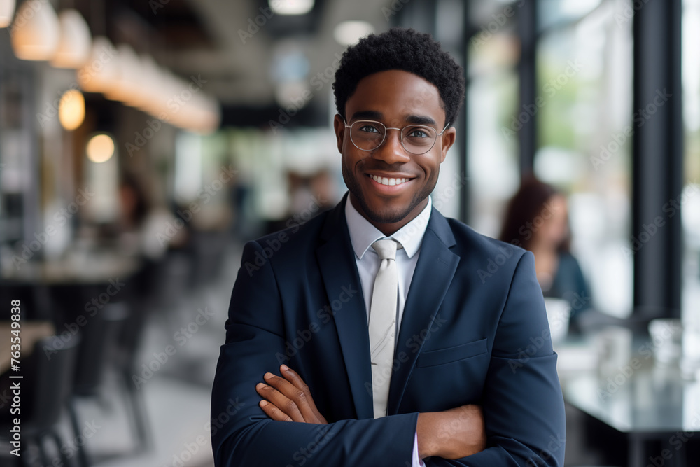 Fototapeta premium Smiling black businessman in suit. Man in work clothes. Rich man. Business boss. Boss of a start-up. Black man. Africa man. African country.AI.